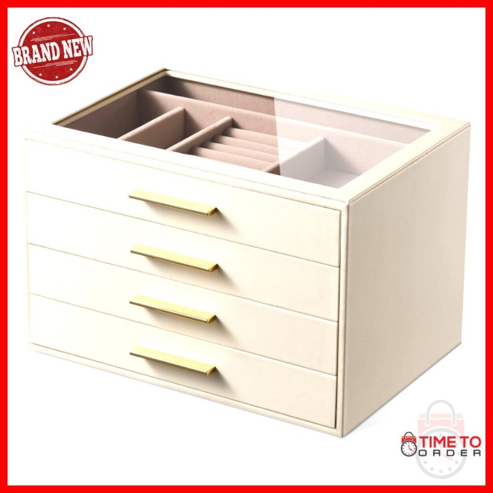 4-Layer Jewelry Box Organizer with Glass Window, Velvet Lining